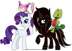 Size: 1625x1160 | Tagged: safe, artist:ravenevert, rarity, oc, pony, unicorn, crossover, pokémon, skitty, treecko