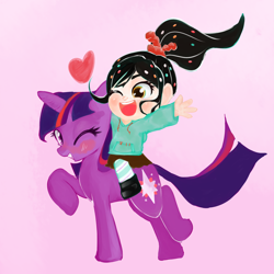 Size: 1280x1280 | Tagged: safe, artist:ponylicking, derpibooru import, twilight sparkle, crossover, humans riding ponies, riding, sugar rush, vanellope von schweetz, wreck-it ralph