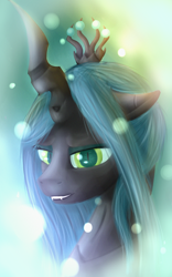 Size: 2500x4000 | Tagged: dead source, safe, artist:quefortia, queen chrysalis, changeling, changeling queen, crown, fangs, female, green eyes, horn, jewelry, regalia, solo