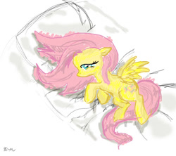 Size: 648x576 | Tagged: safe, artist:catscratchpaper, fluttershy, pegasus, pony, bed, female, mare, on bed, on side, profile, solo, spread wings, top down, wings