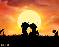 Size: 1280x1024 | Tagged: safe, artist:irenla, derpibooru import, applejack, rainbow dash, earth pony, pegasus, pony, appledash, cowboy hat, female, grass, hat, lesbian, scenery, shipping, silhouette, sitting, stetson, sunset