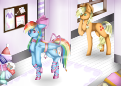 Size: 1024x731 | Tagged: safe, artist:rapqeen, derpibooru import, applejack, rainbow dash, earth pony, pegasus, pony, amused, ballet slippers, bells, blushing, bound wings, bow, choker, embarrassed, floppy ears, girly, hair bow, rainbow dash always dresses in style, saddle, stirrups, tack, tail bow, tomboy taming