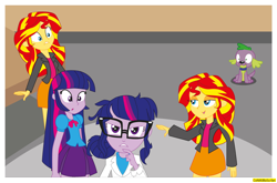 Size: 3566x2350 | Tagged: safe, artist:conikiblasu-fan, sci-twi, spike, spike the regular dog, sunset shimmer, twilight sparkle, twilight sparkle (alicorn), alicorn, dog, human, equestria girls, rainbow rocks, counterparts, spike the dog, twilight's counterparts