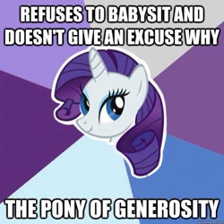 Size: 599x599 | Tagged: safe, rarity, pony, unicorn, bust, caption, female, image macro, mare, meme, smiling, solo, text