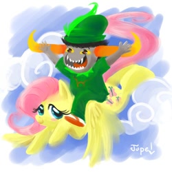 Size: 500x500 | Tagged: safe, artist:jupeboxgal, fluttershy, pegasus, pony, cloud, crossover, duo, flying, homestuck, riding, sky, smiling, tavros nitram, tavroshy