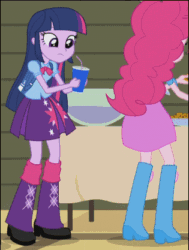 Size: 315x417 | Tagged: safe, screencap, pinkie pie, sunset shimmer, twilight sparkle, twilight sparkle (alicorn), alicorn, equestria girls, rainbow rocks, animated, backpack, boots, bowtie, bracelet, clothes, cookie, cup, food, hand on hip, high heel boots, humans doing horse things, jacket, leather jacket, plate, punch (drink), punch bowl, rear view, skirt, table