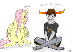 Size: 1050x750 | Tagged: safe, artist:xxxpyromaniaxxx, fluttershy, blushing, crossover, crossover shipping, homestuck, looking away, shipping, shy, sitting, tavros nitram, tavroshy