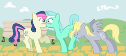 Size: 1125x500 | Tagged: safe, artist:equinox23, bon bon, derpy hooves, lyra heartstrings, sweetie drops, pegasus, pony, bench, blushing, derpy the shipper, eyes closed, female, forced kiss, forced lesbian, kissing, lesbian, lyrabon, mare, now kiss, outdoors, push, shipper on deck, shipping, surprise kiss, surprised, trio