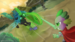 Size: 1560x880 | Tagged: safe, artist:ogron, queen chrysalis, spike, changeling, changeling queen, dragon, disc, fight, guardians of harmony, magic, perspective, toy interpretation