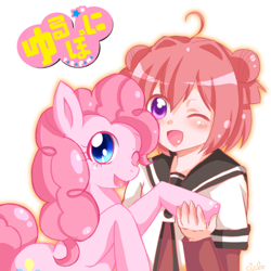 Size: 600x600 | Tagged: dead source, safe, artist:charmyamber, pinkie pie, earth pony, pony, akari akaza, anime, clothes, crossover, cute, diapinkes, duo, japanese, open mouth, school uniform, simple background, white background, wink, yuru yuri