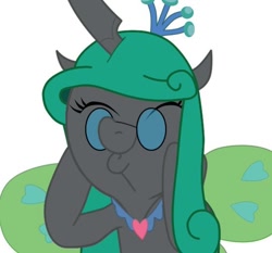 Size: 548x511 | Tagged: safe, artist:kirbymlp, queen chrysalis, reversalis, changeling, changeling queen, reflections, chrysalislover, glasses, happy face, mirror, mirror universe, parallel equestria, parallel universe, solo