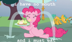 Size: 815x479 | Tagged: safe, pinkie pie, snails, snips, earth pony, pony, magic duel, crying, i have no mouth and i must scream, no mouth, no nose, ocular gushers