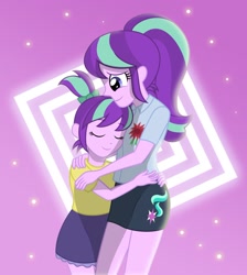 Size: 1024x1143 | Tagged: safe, artist:sumin6301, starlight glimmer, equestria girls, adopted offspring, clothes, cute, double the glimmer, duality, equestria girls-ified, eyes closed, glimmerbetes, glimmerdoption, hug, mama starlight, miniskirt, pigtails, ponytail, self adoption, self paradox, skirt, time paradox, younger