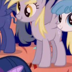 Size: 320x320 | Tagged: safe, screencap, derpy hooves, lightning bolt, white lightning, pegasus, pony, friendship is magic, brony history, derp, female, great moments in animation, it begins, mare, scrunchy face