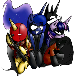 Size: 825x821 | Tagged: safe, artist:supermare, princess celestia, princess luna, sunset shimmer, twilight sparkle, alicorn, pony, batman, dc comics, dick grayson, jason todd, nightwing, red hood, robin, tim drake