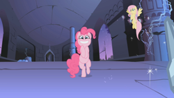 Size: 920x518 | Tagged: safe, fluttershy, pinkie pie, earth pony, pegasus, pony, alicorn sisters' castle, cute, happy