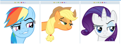 Size: 472x171 | Tagged: safe, derpibooru import, applejack, rainbow dash, rarity, earth pony, pegasus, pony, unicorn, derp face, derpibooru, exploitable meme, juxtaposition, juxtaposition win, looking, meme, meta, simple background, vector, white background