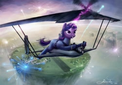 Size: 1600x1120 | Tagged: safe, artist:genjilim, derpibooru import, twilight sparkle, fireworks, flying, glider, magitek, propeller, wonderbolts uniform