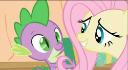 Size: 853x469 | Tagged: safe, screencap, fluttershy, spike, dragon, pegasus, pony, female, male, mare, pink mane, yellow coat