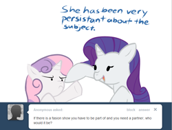 Size: 696x525 | Tagged: safe, artist:bambooharvester, rarity, sweetie belle, pony, unicorn, ask, rarity replies, tumblr