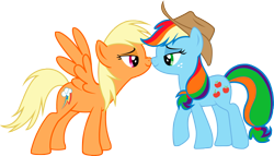 Size: 4438x2544 | Tagged: safe, artist:aborrozakale, derpibooru import, applejack, rainbow dash, earth pony, pegasus, pony, appledash, female, high res, lesbian, mare, nuzzling, palette swap, recolor, shipping, simple background, transparent background, vector