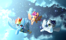 Size: 1024x625 | Tagged: safe, artist:victoriathething, derpibooru import, rainbow dash, scootaloo, soarin', pegasus, pony, cloud, cloudy, cute, cutealoo, female, flying, male, scootaloo can fly, scootalove, soarindash, starry night