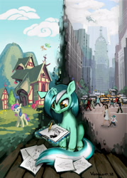 Size: 2000x2790 | Tagged: dead source, safe, artist:vombavr, bon bon, lyra heartstrings, pinkie pie, sweetie drops, earth pony, human, pony, unicorn, fanfic:anthropology, city, drawing, duality, female, helicopter, house, magic, magic aura, mare, skyscraper, telekinesis