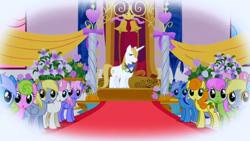 Size: 640x360 | Tagged: safe, screencap, carrot top, daisy, derpy hooves, golden harvest, merry may, minuette, prince blueblood, rainbowshine, twinkleshine, pegasus, pony, the ticket master, female, mare