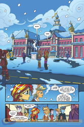 Size: 900x1366 | Tagged: safe, idw, applejack, indigo wreath, normal norman, sunset shimmer, sweet leaf, thunderbass, equestria girls, spoiler:comic, spoiler:comicholiday2014, background human, canterlot high, idw advertisement, preview