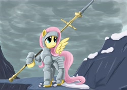 Size: 4961x3508 | Tagged: safe, artist:otakuap, fluttershy, pegasus, pony, absurd resolution, armor, crossover, dark souls, fantasy class, knight, looking up, raised hoof, solo, spear, spread wings, warrior, weapon