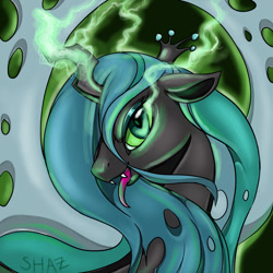 Size: 800x800 | Tagged: safe, artist:slime-tiger, queen chrysalis, changeling, changeling queen, female, glowing horn, solo, tongue out