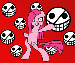 Size: 1500x1254 | Tagged: safe, artist:feralroku, pinkie pie, earth pony, pony, bipedal, jolly roger, one piece, pinkamena diane pie, red background, simple background, solo