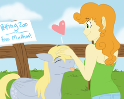 Size: 1501x1203 | Tagged: safe, artist:cartoonlion, carrot top, derpy hooves, golden harvest, futaverse, happy, humanized, petting