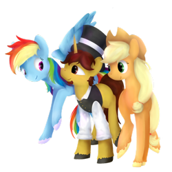 Size: 900x900 | Tagged: safe, artist:hirundoarvensis, derpibooru import, applejack, rainbow dash, oc, earth pony, pegasus, pony, unicorn, applejack's hat, clothes, cowboy hat, hat, male, simple background, stallion, top hat, transparent background