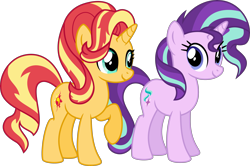 Size: 5057x3350 | Tagged: safe, artist:osipush, starlight glimmer, sunset shimmer, pony, unicorn, absurd resolution, counterparts, inkscape, looking at each other, mane swap, raised hoof, simple background, transparent background, twilight's counterparts, vector