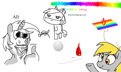 Size: 801x481 | Tagged: safe, apple bloom, derpy hooves, lyra heartstrings, pegasus, pony, applebeans, blood, clusterfuck, female, flockdraw, mare, vulgar, wat