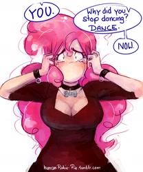 Size: 1280x1537 | Tagged: safe, artist:glasmond, artist:human-pinkie-pie, pinkie pie, human, magic duel, big breasts, blushing, breasts, cleavage, collar, crying, cuffs (clothes), dialogue, female, humanized, i have no mouth and i must scream, i have no nose and i must breathe, implied trixie, light skin, no mouth, no nose, pet tag, pinkie pies, solo, wide eyes