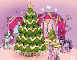 Size: 680x530 | Tagged: safe, kimono, minty, pinkie pie, pony, g3, bipedal, christmas, christmas tree, looking up, official, open mouth, smiling, tree