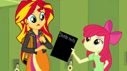 Size: 624x350 | Tagged: safe, apple bloom, sunset shimmer, equestria girls, apple bloom's book, death note, exploitable meme, meme