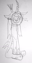 Size: 1409x2765 | Tagged: safe, artist:moonatik, queen chrysalis, changeling, changeling queen, hillary clinton, mask, monochrome, paper-thin disguise, seems legit, sitting, solo, traditional art, writing