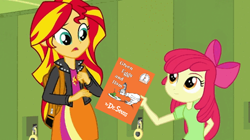 Size: 624x350 | Tagged: safe, apple bloom, sunset shimmer, equestria girls, rainbow rocks, apple bloom's book, book, dr. seuss, exploitable meme, green eggs and ham, meme