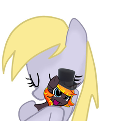 Size: 708x738 | Tagged: safe, edit, derpy hooves, oc, oc:incendia, pony, unicorn, fanfic:antipodes, cute, fanfic, filly, hat, hug, top hat