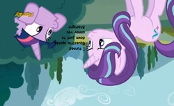 Size: 867x529 | Tagged: safe, screencap, starlight glimmer, twilight sparkle, twilight sparkle (alicorn), alicorn, pony, no second prances, annoyed, bush, discovery family logo, female, hiding, mare, meta, twilight bushel, upside down