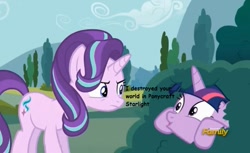 Size: 867x529 | Tagged: safe, screencap, starlight glimmer, twilight sparkle, twilight sparkle (alicorn), alicorn, pony, no second prances, annoyed, bush, discovery family logo, everything is ruined, female, frown, gaming, glare, hiding, mare, meta, minecraft, open mouth, ponycraft, pure unfiltered evil, smiling, twilight bushel, wide eyes