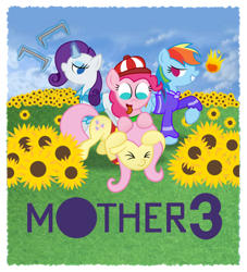 Size: 852x938 | Tagged: safe, artist:xylophon, derpibooru import, fluttershy, pinkie pie, rainbow dash, rarity, earth pony, pegasus, pony, unicorn, boney, clothes, crossover, duster, earthbound, field, kumatora, lucas, mother 3, scared, sunflower, video game