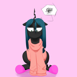 Size: 2000x2000 | Tagged: safe, artist:passigcamel, queen chrysalis, changeling, changeling queen, clothes, pictogram, queen chrysalis is not amused, simple background, sitting, slippers, solo, sweater, unamused