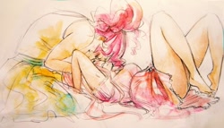 Size: 800x456 | Tagged: safe, artist:schpog, fluttershy, pinkie pie, barefoot, blushing, cuddling, eye contact, feet, female, flutterpie, humanized, kneeling, lesbian, on back, shipping, snuggling, watercolor painting