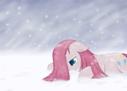 Size: 1120x800 | Tagged: safe, artist:muffinsforever, pinkie pie, earth pony, pony, crying, lying down, pinkamena diane pie, prone, snow, snowfall, solo