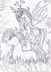 Size: 1624x2295 | Tagged: safe, artist:rossmaniteanzu, king sombra, queen chrysalis, changeling, changeling queen, pony, unicorn, chrysombra, crystal, male, monochrome, shipping, straight, traditional art