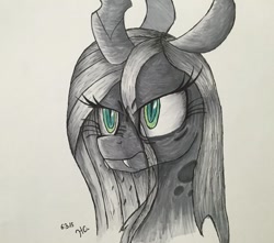 Size: 1024x904 | Tagged: safe, artist:monochromepony625, queen chrysalis, changeling, changeling queen, bust, female, marker drawing, monochrome, neo noir, partial color, portrait, scowl, simple background, solo, traditional art, white background